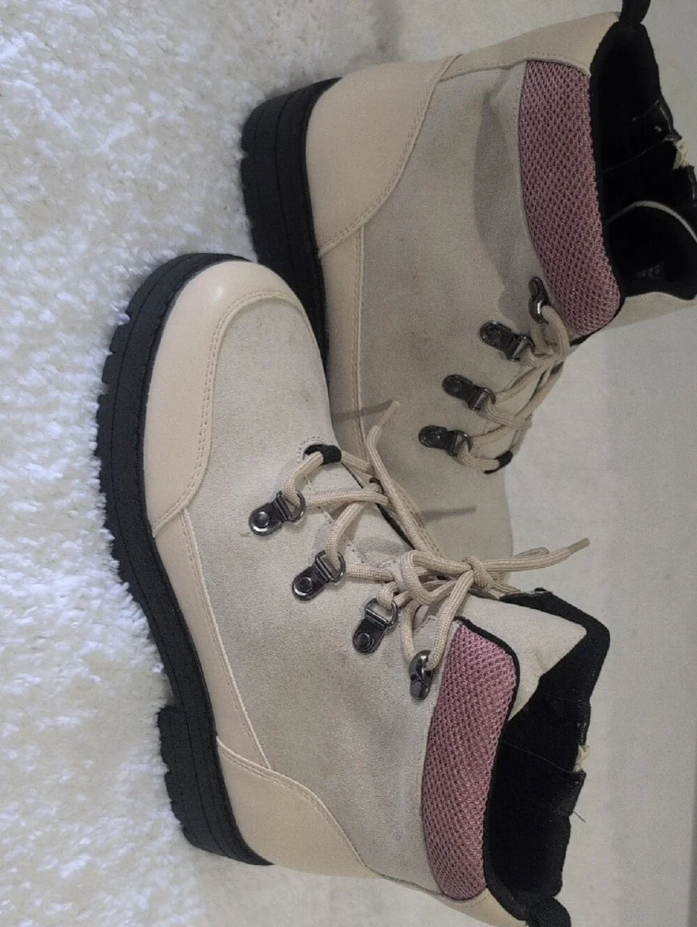 SO Cream Lace-Up Kids Boots with Pink Trim